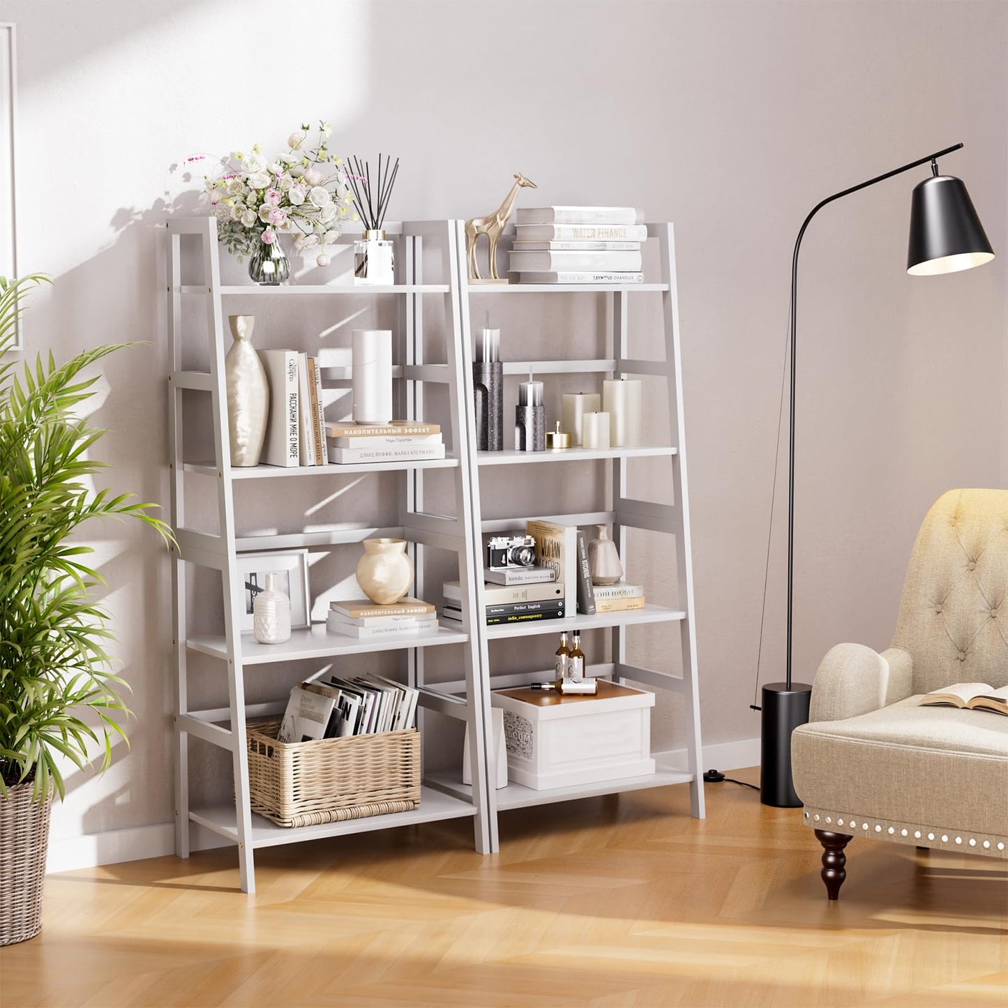 HITNET Ladder Shelf, 4 Tier Bookshelf, Floor Standing Bathroom Storage Rack with Bamboo Frame, Home Office Open Display Bookcase, White