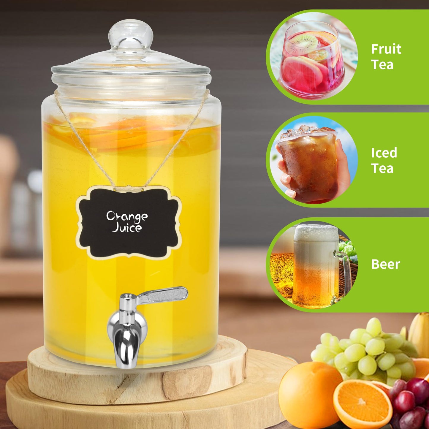 PARAISODOS 1 Gallon Beverage Dispenser 1 Pack, Stainless Steel Spigot Drink Dispenser for Parties with Stand, Clear Glass Drink Container Easy to Refill and Clean
