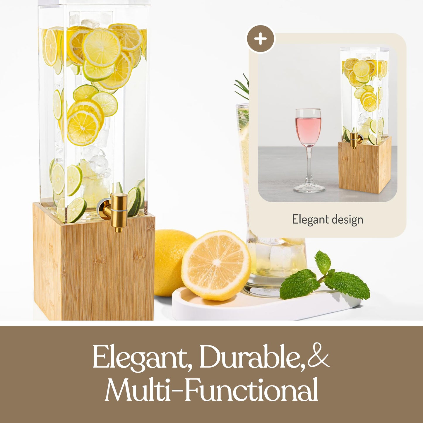 1.25 Gallon Acrylic Beverage Dispenser with Bamboo Stand – Iced Drink Dispenser with Stainless Steel Spigot & Built-in Ice Core