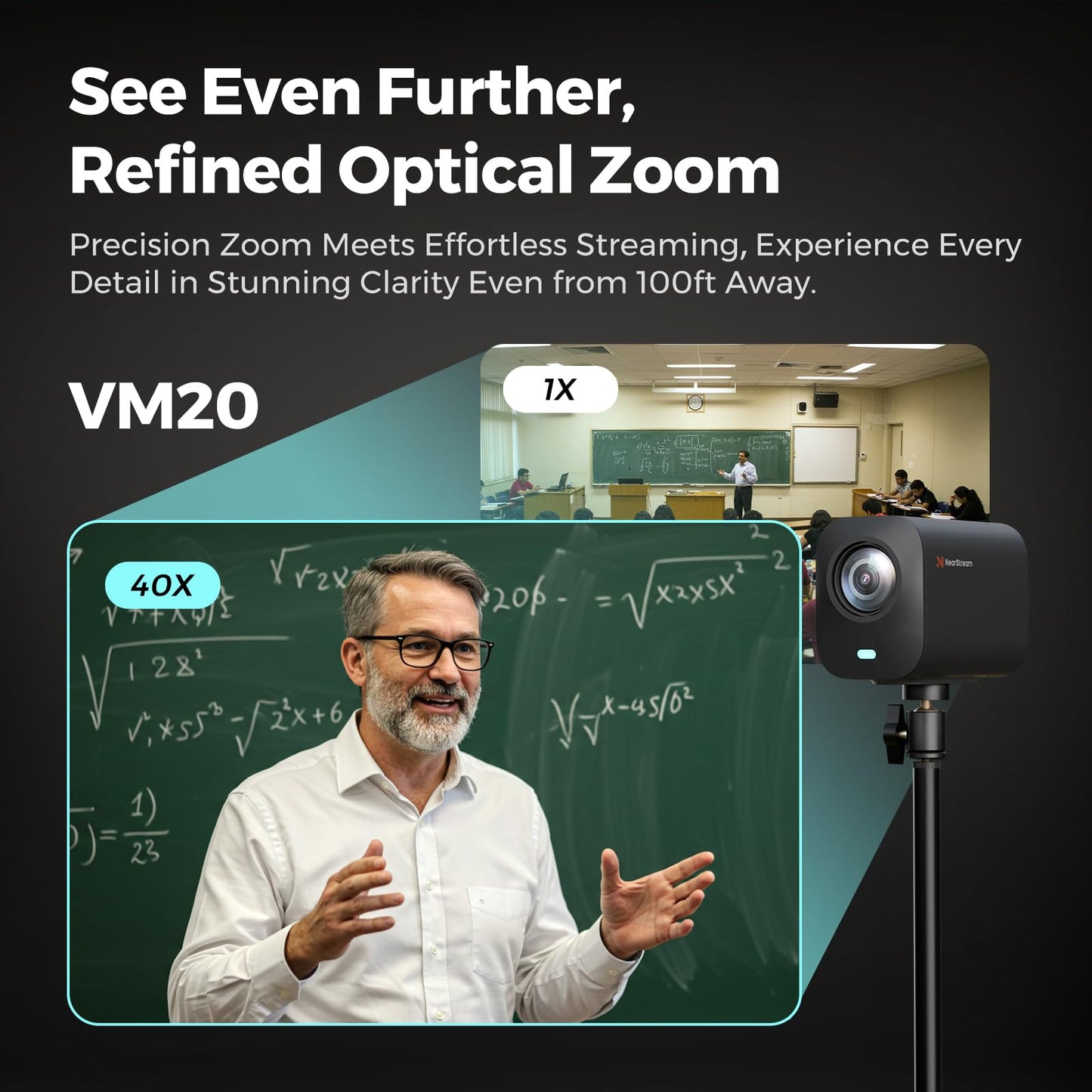 NearStream VM20 4K USB Streaming Camera with 40X Hybrid Zoom/8 Noise-Canceling Mics/Remote Control, HDMI/USB/RJ45 Output, Multi-Cam Ready, for Education,Conference,Worship & Live Event, OBS/Zoom,Black