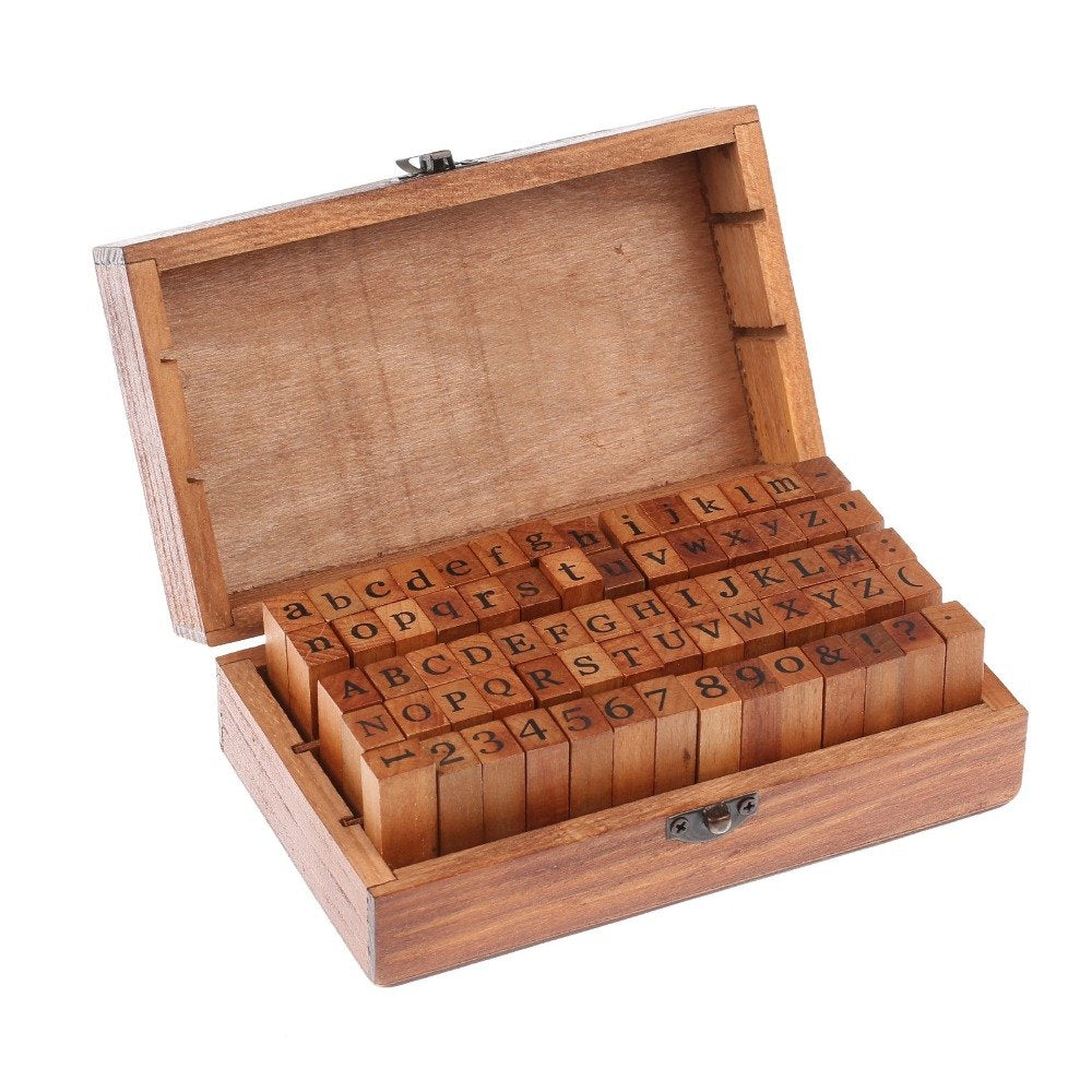 70 Pcs Wooden Rubber Stamps Number and Alphabet Letter Wood Rubber Stamps Set Wooden Rubber Number Letter, Stamper Seal Set with Wooden Box Vintage DIY