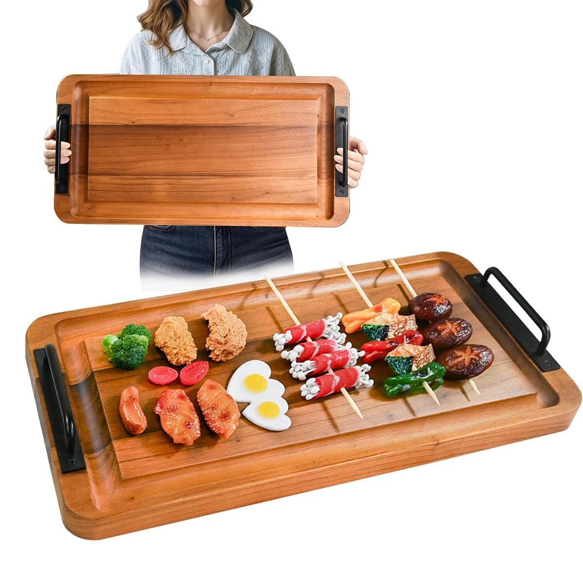 Large Wooden Charcuterie Boards with Handles, Extra Long Wood Serving Tray Platters,Rectangular BBQ Meat Cutting Cheese Board for Party Appetizers,Home & Outdoor 23.6x11.8x1.1”