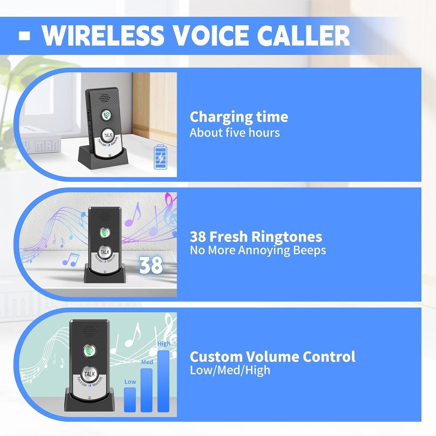 2 Way Wireless Doorbell Intercom Indoor Outdoor, 3280ft Long Range Door Intercoms System for Home with Waterproof Cover Rechargeable Battery 38 Ringtones 3 Adjustable Volume （3 Pack）