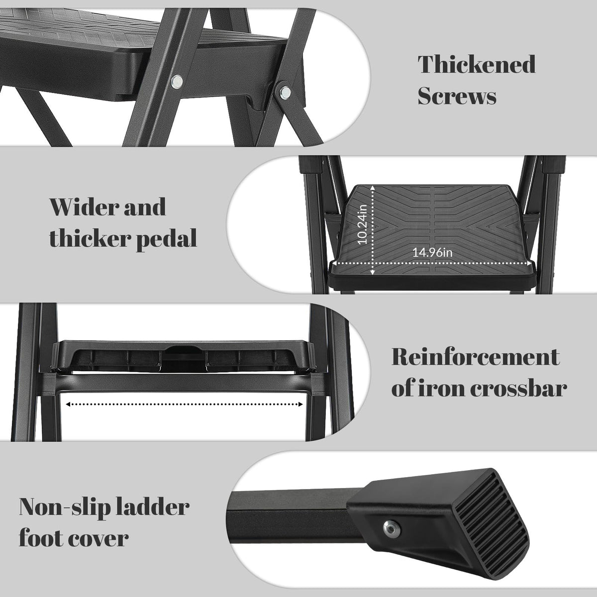 XinSunho 3 Step Ladder, Foldable Handrail & Tool Tray Stool Ladders with Anti-Slip Wide Pedal, 660 lbs Sturdy Steel Ladder for Home Kitchen and Outdoor