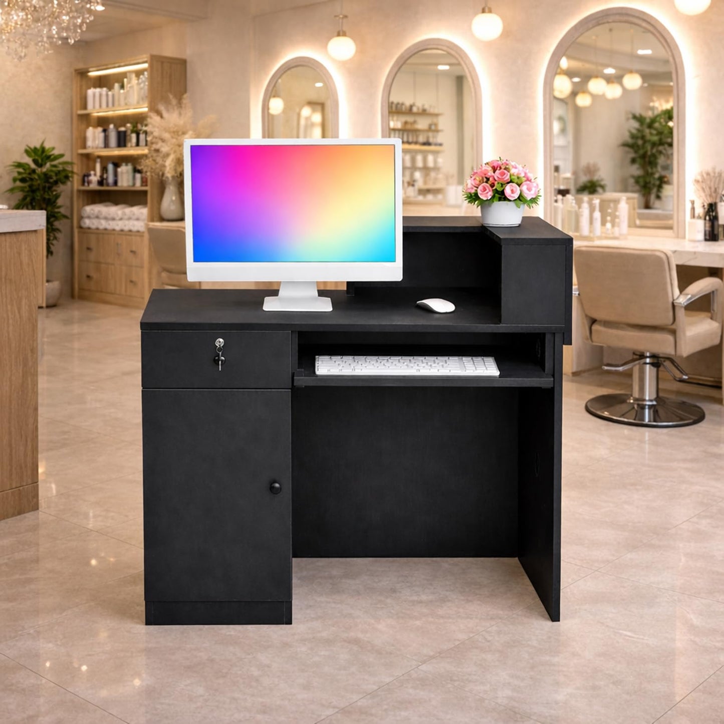GRGECXZ Modern Reception Desk with Storage Drawer & Counter Shelf, 39.4" Front Counter Reception Table for Office, Salon, Lobby, Retail Store (Black, Right Table)