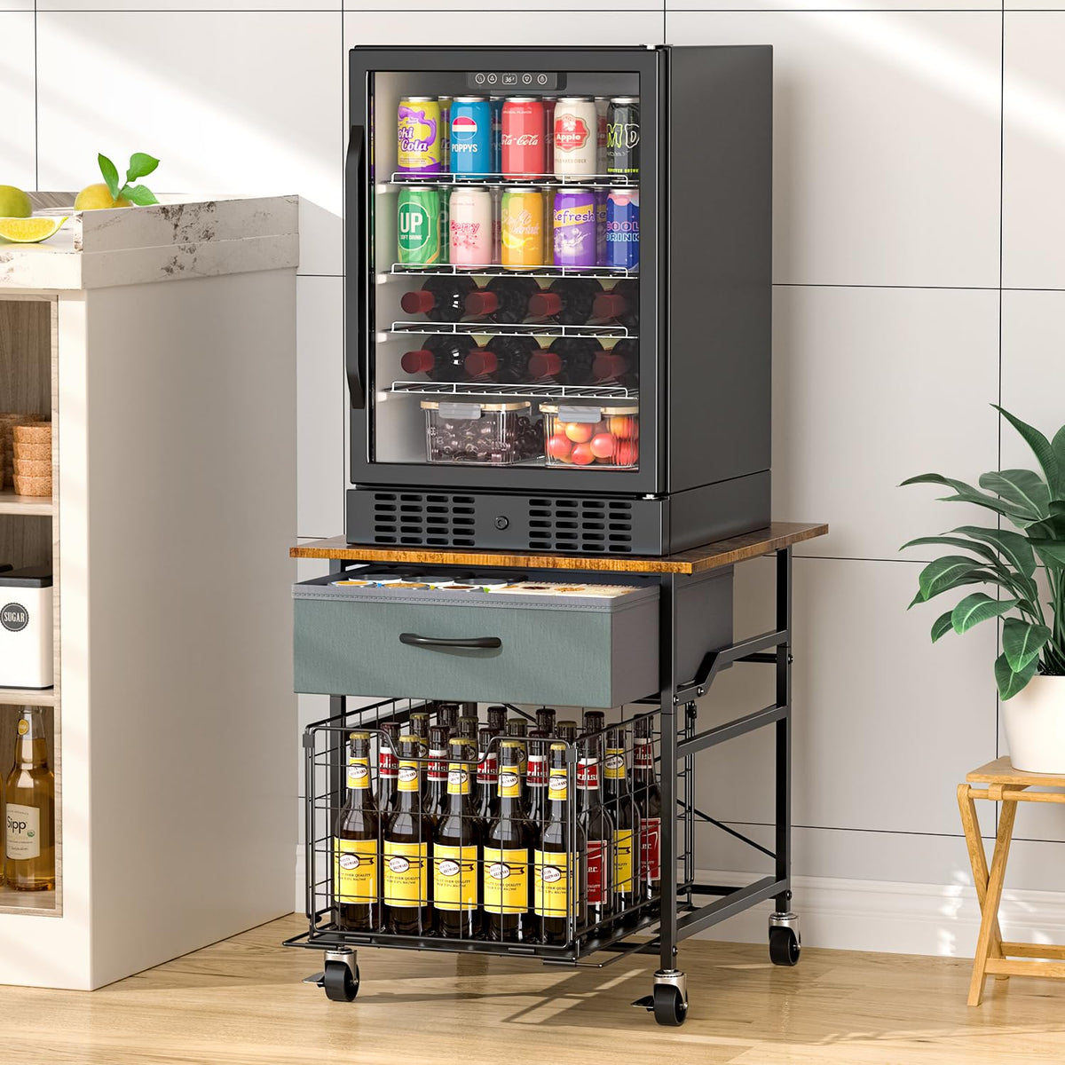 GloCryp Mini Fridge Stand, Heavy-Duty End Table Fridge Table with Storage, Small Refrigerator Stand with Rolling Wheels for Dorm, Kitchen,Pantry