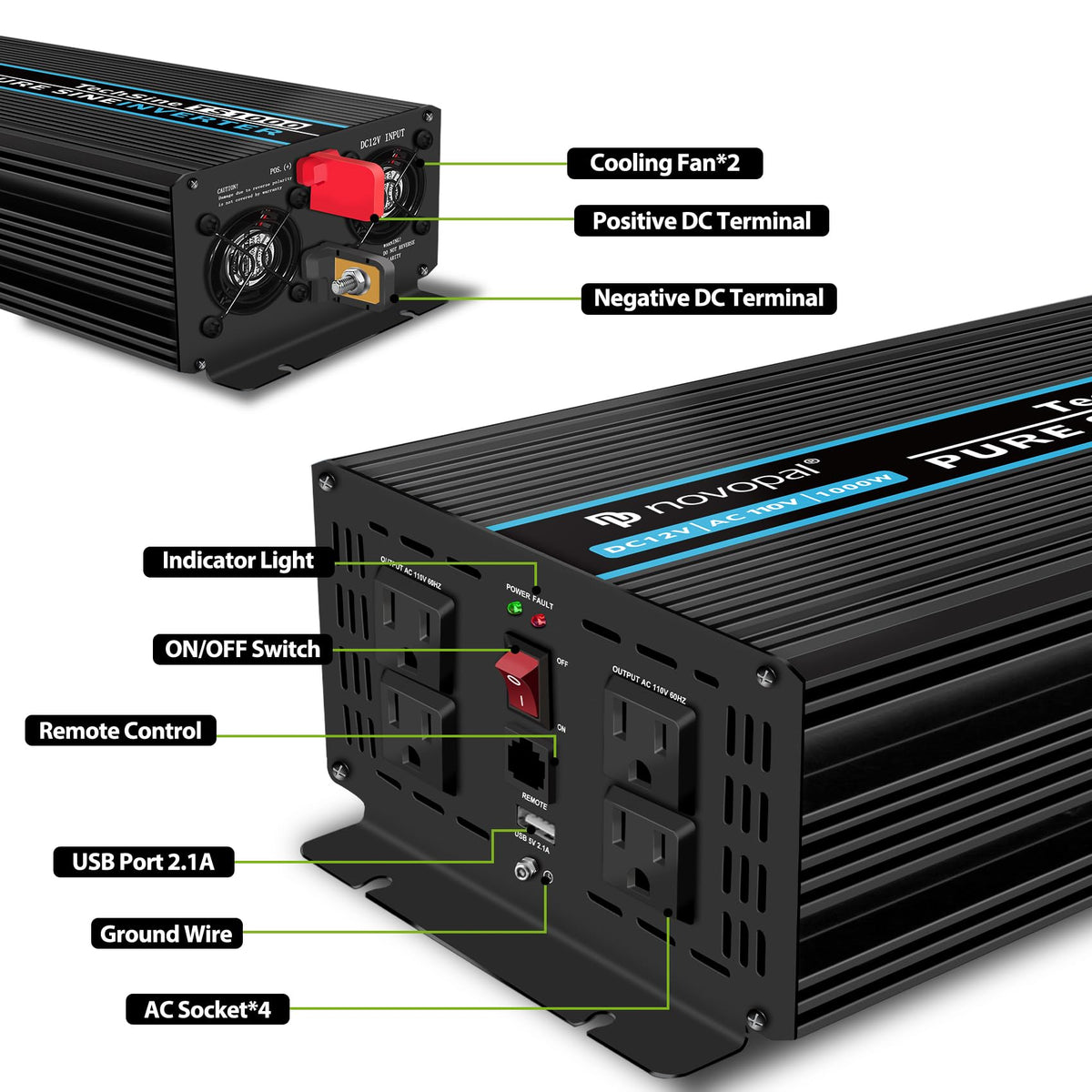 NOVOPAL 1000W Pure Sine Wave Power Inverter 1000 Watt 12V DC to 110V 120V AC,4 AC Outlets, 1 x USB Ports for Off-Grid Solar Car RV Truck Boat with 16FT Wired Remote