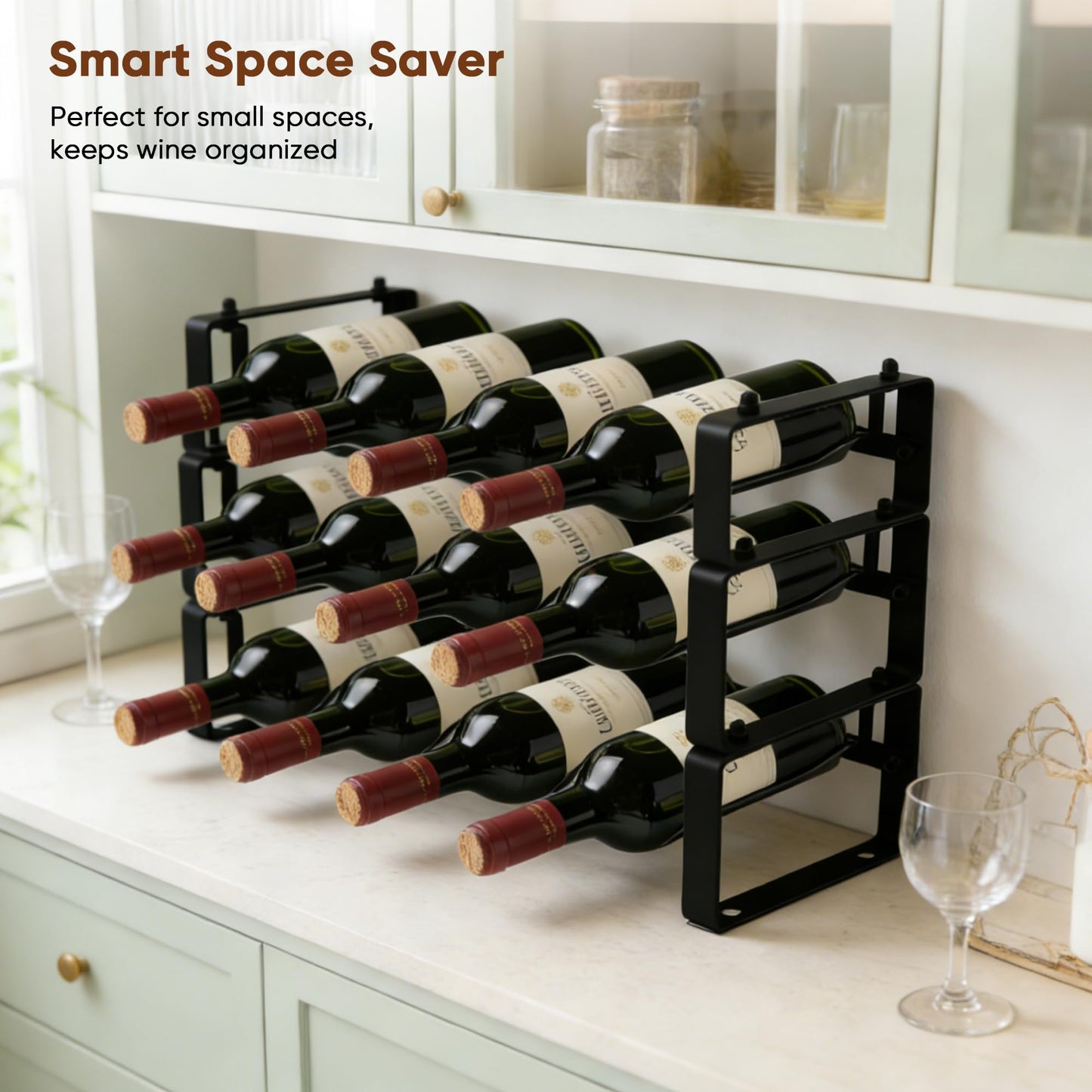HRUSGO Wine Rack for Countertop – Stackable Freestanding Bottle Organizer for Kitchen, Pantry, Bar Cabinet & Small Spaces – Compact Metal Shelf & Modular Storage Stand (3-Tier)