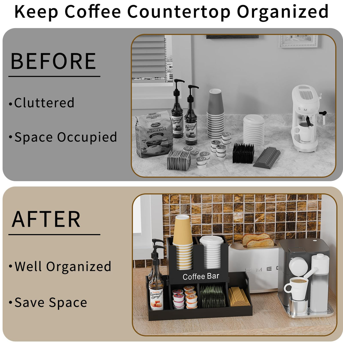 Busidhji Coffee Station Organizer, Wooden Coffee Bar Organizer for Countertop, Condiment and Cup Storage Organizer, Bar Accessories for Kitchen, Office, Home, Black