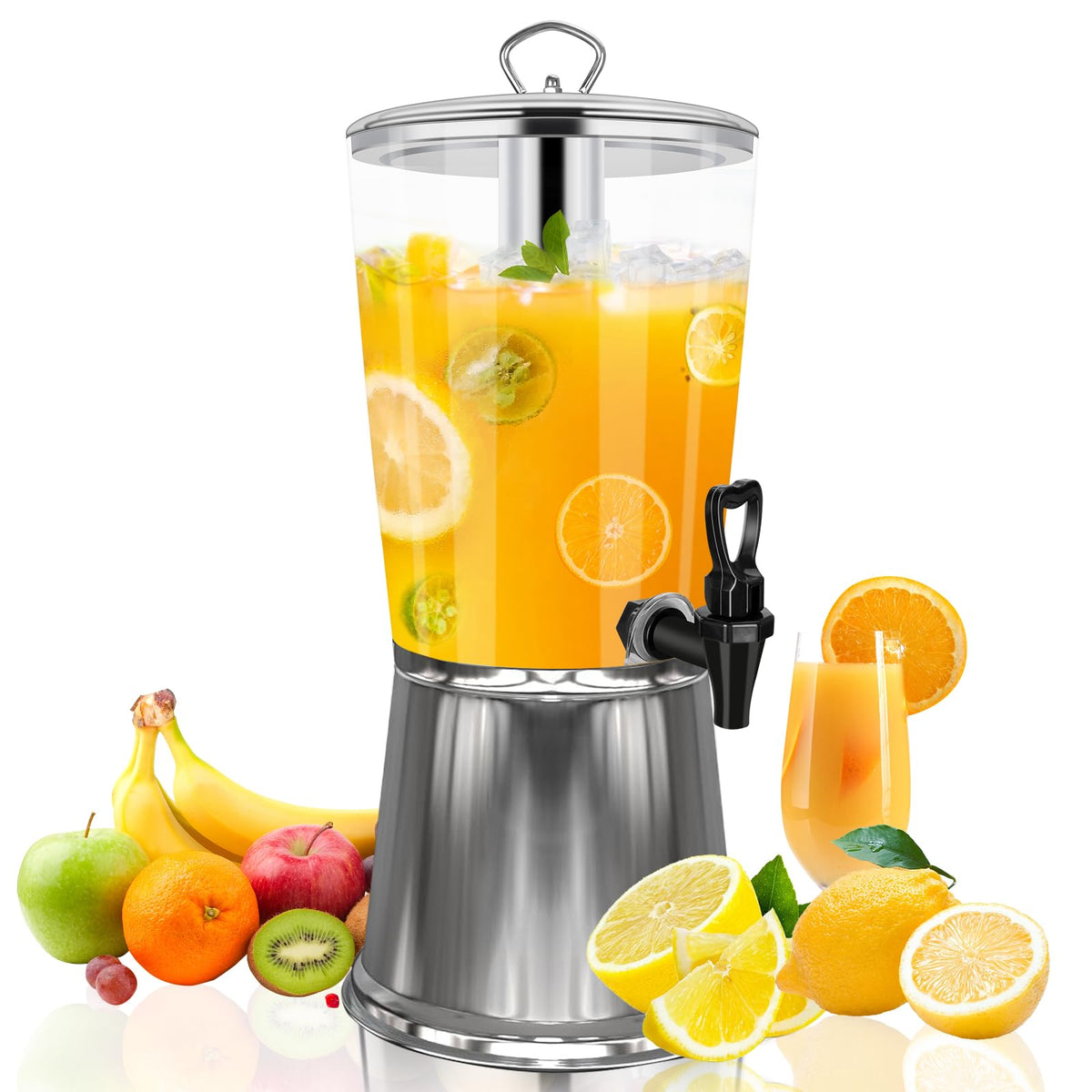 Hijolla Beverage Dispenser With Stand, Iced Beverage Drink Dispenser, Stainless Steel Water Jar with Ice Container, Lemonade Drink Jar Jug For Buffet, Parties, Clear Acrylic, 2-GALLONS 8-L