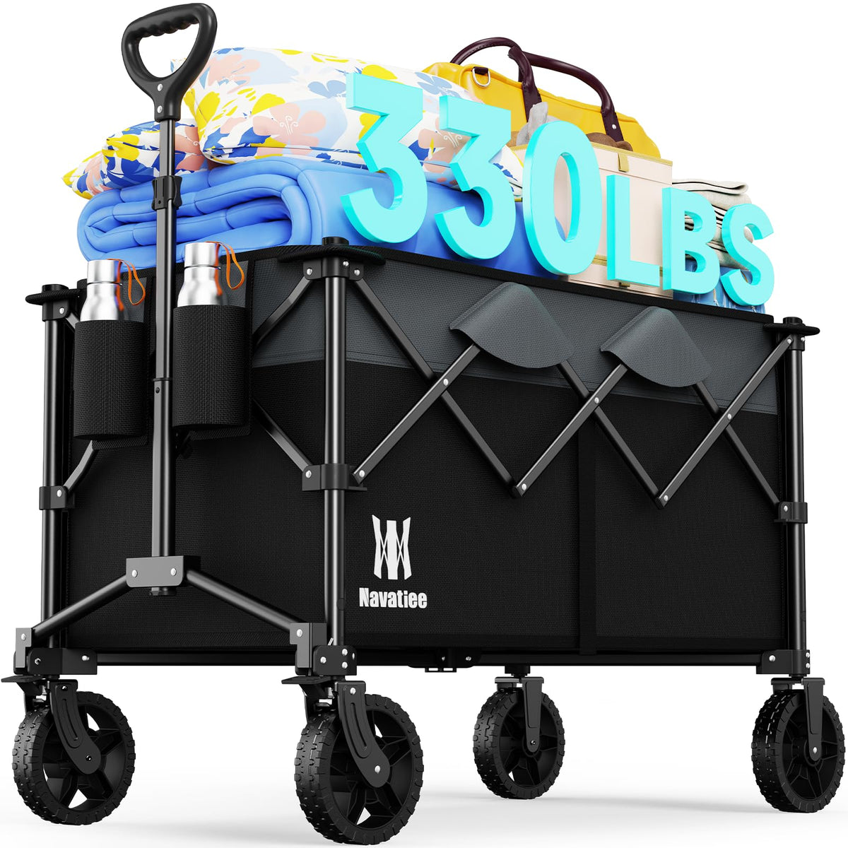 Navatiee 165L Collapsible Folding Wagon, Large Foldable Wagon with Silent All-Terrain Wheels, 330Lbs Heavy Duty Utility Grocery Cart for Camping Shopping Outdoor, Black