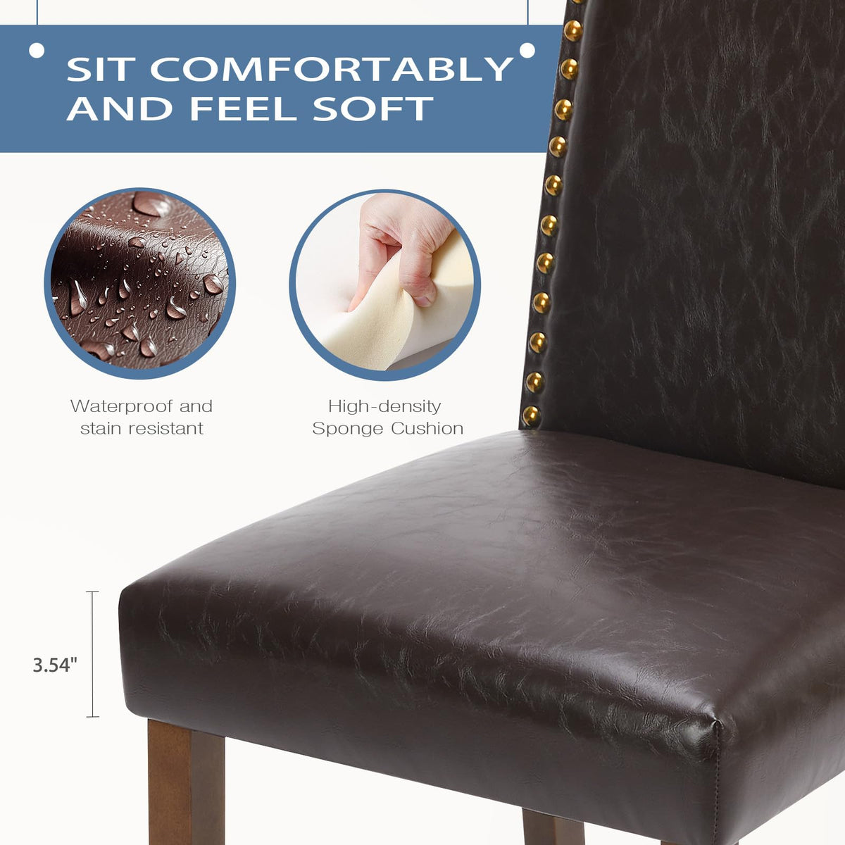 DUMOS Upholstered Dining Chairs，Set of 2 PU Leather Dining Room Kitchen Chair with Nailhead Trim and Wood Legs, Modern Side Chairs for Living Room-Brown