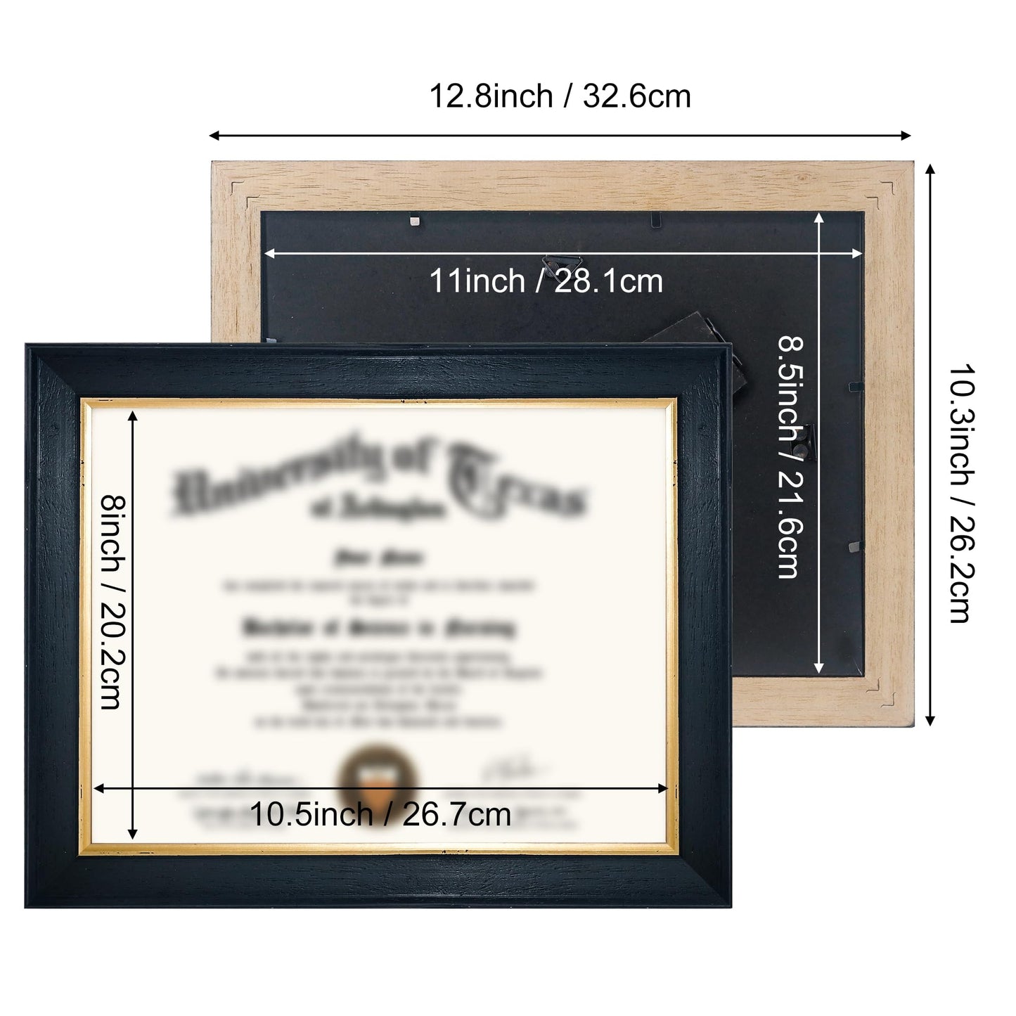 GMFrames 8.5x11 Wood Diploma Frame, Tempered Glass, Rustic Black Finish with Gold Trim