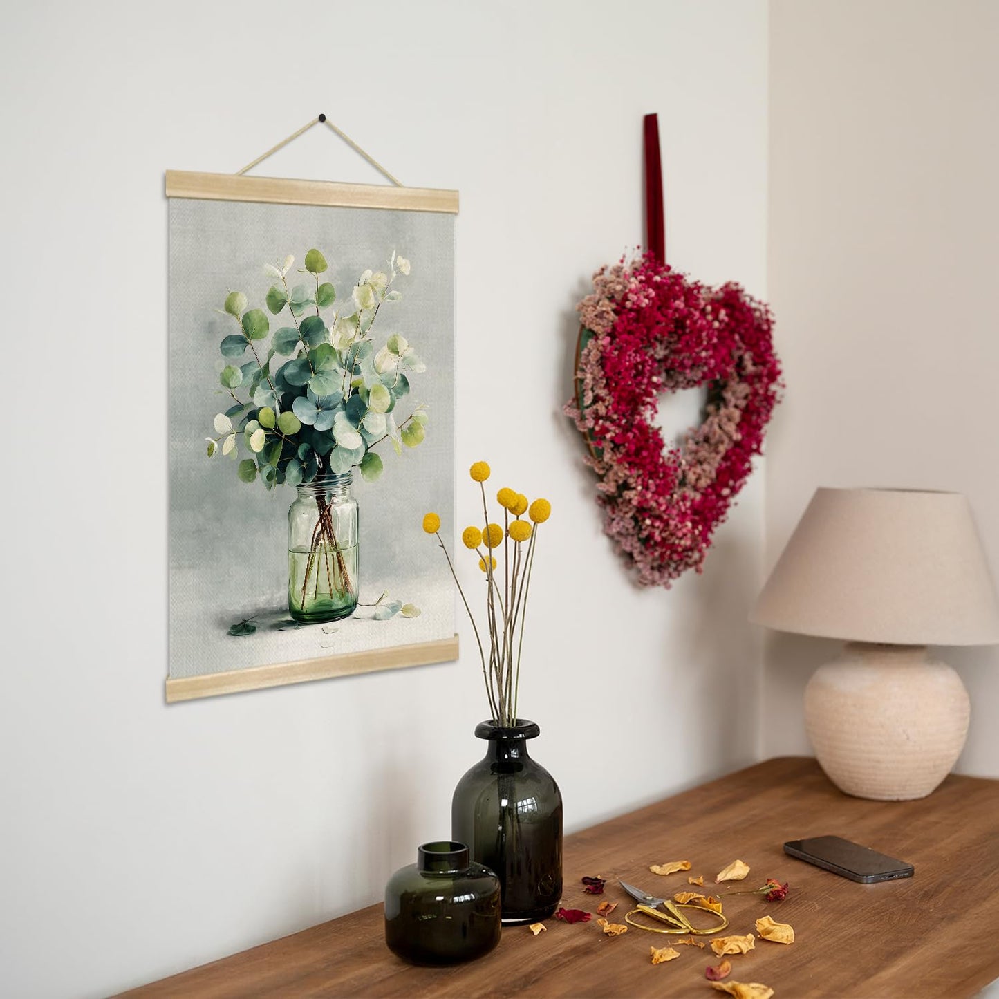 You found a duck Eucalyptus Wall Art, Minimalist Green Botanical Poster on Linen with Glass Jar, Modern Farmhouse or Scandinavian Style Decor for Living Room or Bedroom, 18.5x14 Inch (Green- Leaves)