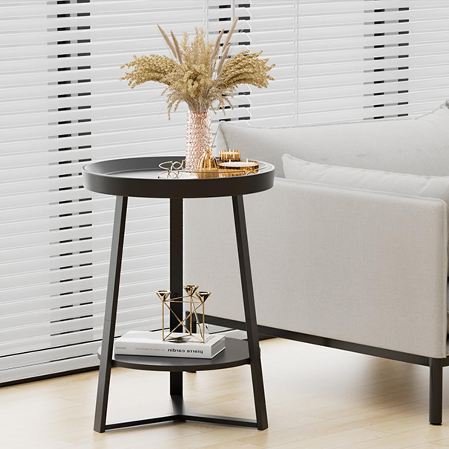 Gadroad Round End Table with Storage Shelf, 2 Tier Farmhouse Side Table Nightstand for Living Room, Bedroom, Wood Tabletop & Black Metal Frame, Black 15.7 * 15.7 * 23.0inches