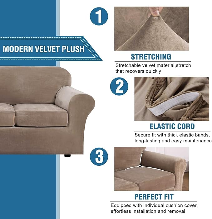 H.VERSAILTEX High Stretch Sofa Slipcover 4 Piece Cover Velvet Furniture