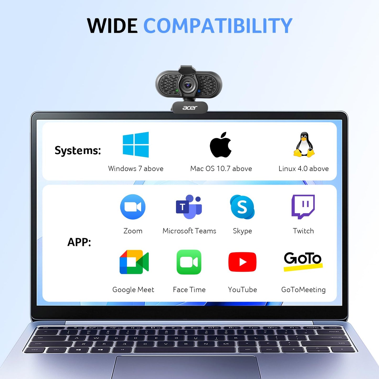 Acer 1080p Webcam USB Plug and Play Webcam for PC with Noise Cancellation Microphones Computer Camera for Desktop Streaming Gaming Online Meeting Wide Angle Privacy Cover A-to-C Adapter Easy Setup