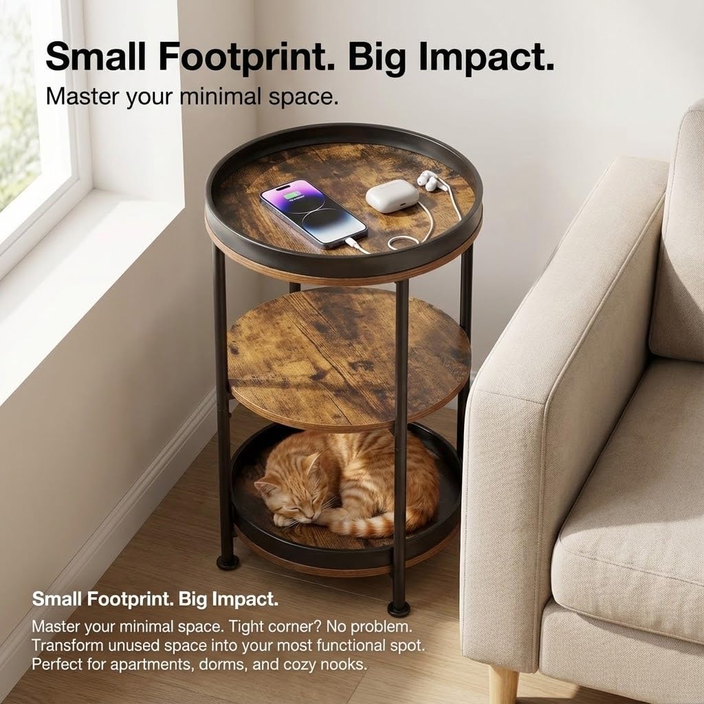 Dulcii Side Table, Round End Table with 3 Storage Shelves for Living Room, Bedroom, Nightstand with Steel Frame for Small Spaces, Industrial Round Sofa Table, Outdoor Accent Coffee Table, Rustic Brown