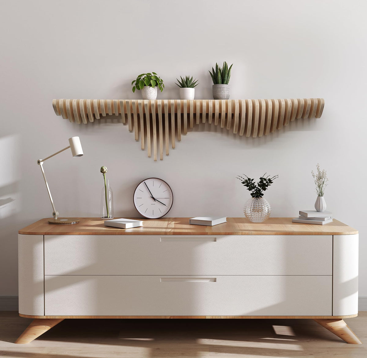 Lukelli Wooden Sound Wave Floating Shelf-4.8ft Modern Wall Shelf, 58x14x8.5in, Home Decor Design Furniture, for Living Room, Bedroom, Office, Studio