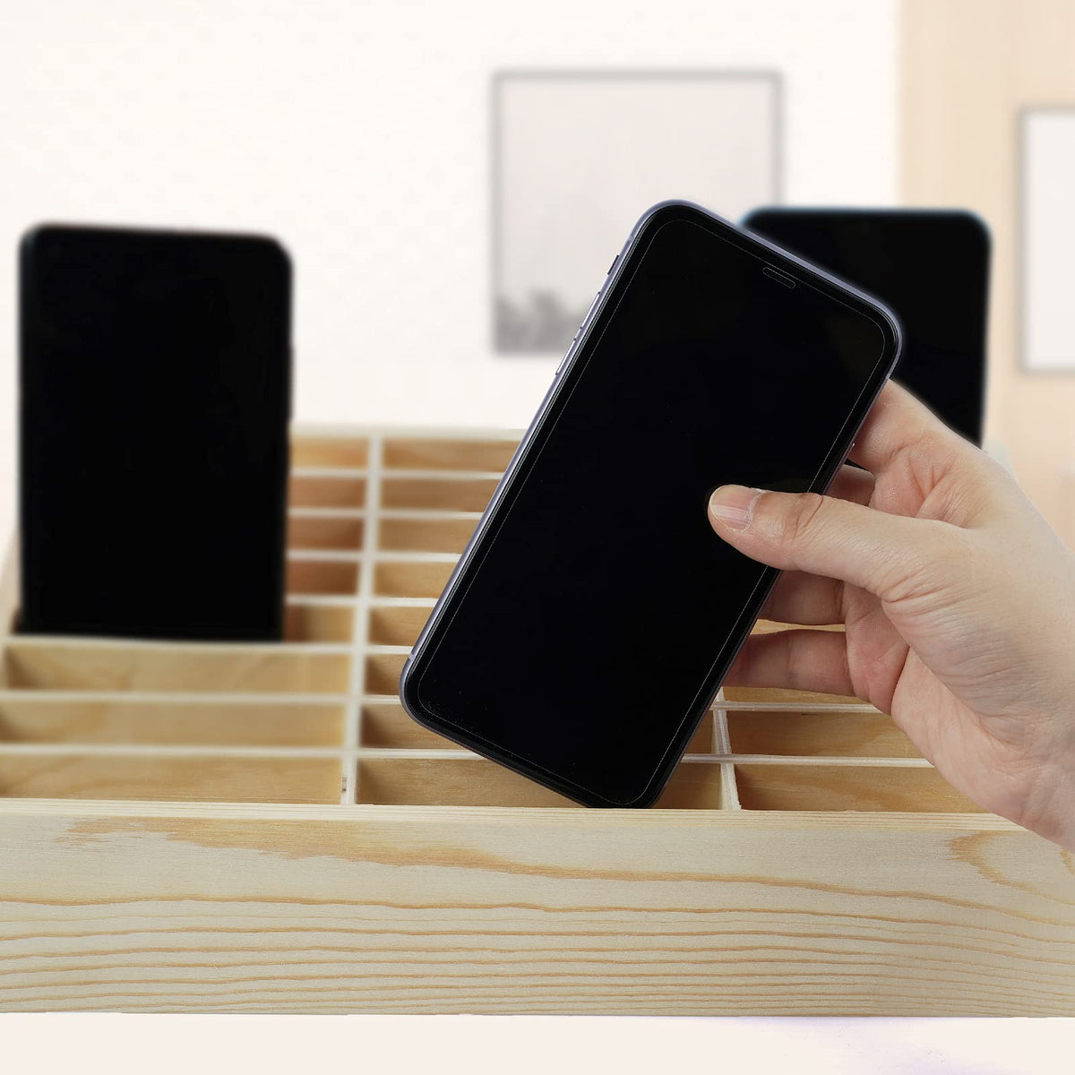 Ozzptuu 36-Grid Wooden Cell Phone Holder Desktop Organizer Storage Box for Classroom Office (36-Grid)