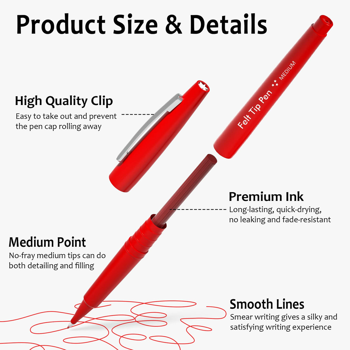 Lelix Felt Tip Pens, 40 Red Pack, 0.7mm Medium Point, Felt Tip Markers Pens for Journaling, Writing, Note Taking, Planner, Perfect for School Office and Art Supplies