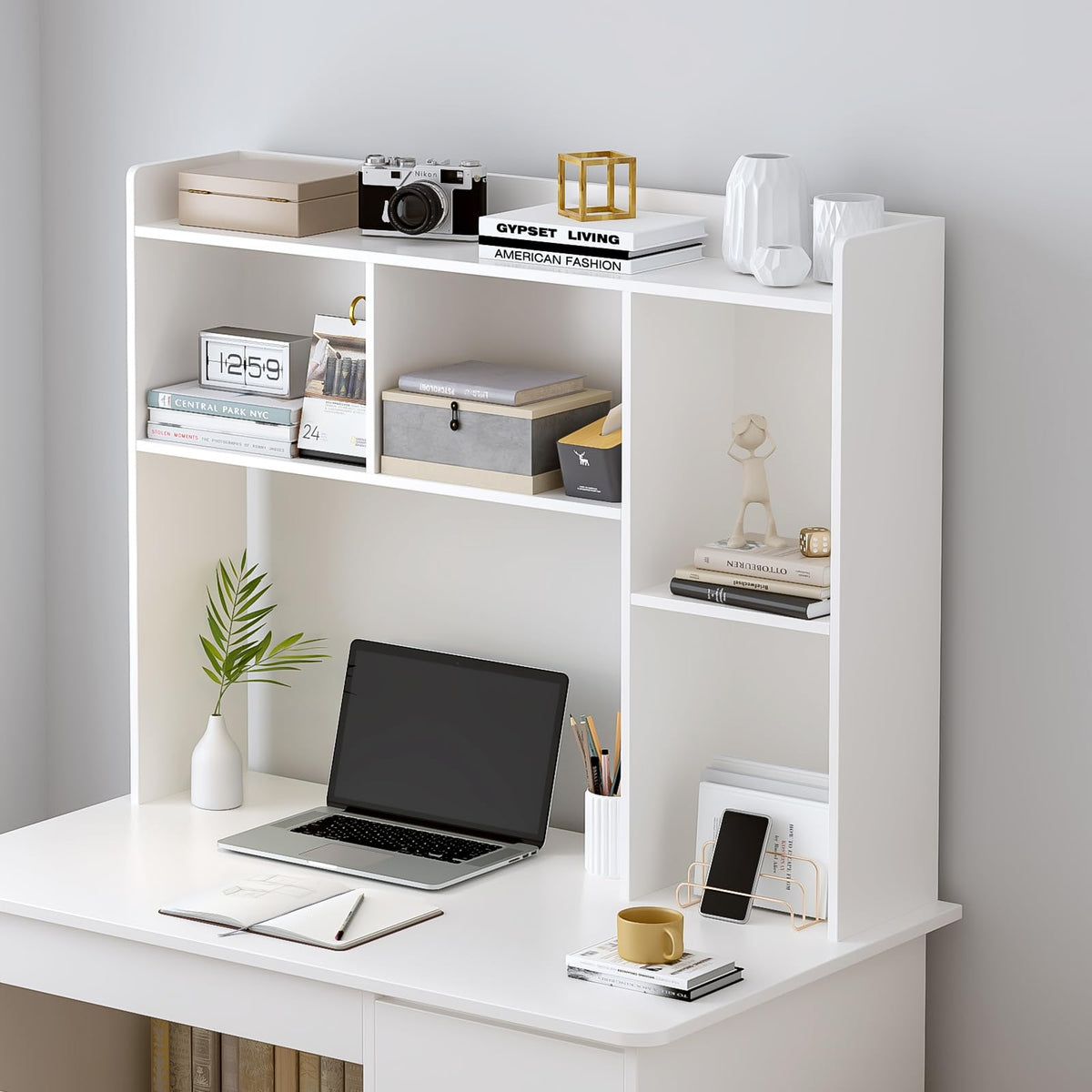 OSCHF Wooden Desktop Hutch Bookshelf - Free Standing Desk Storage Shelf with Top Edge for Computer Desk, Desktop Bookcase for Dorm, Home or Office, Countertop Organizer, White, 45.3"