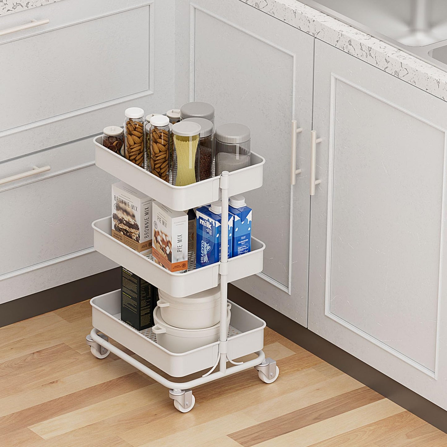 Orchidleaf 3-Tier Modern Metal Rolling Utility Cart with Silent Casters, 15.35x11.81x23.74 inch Heavy Duty Organizing Cart Trolley Organizer for Office, Living Room, Kitchen，(White)