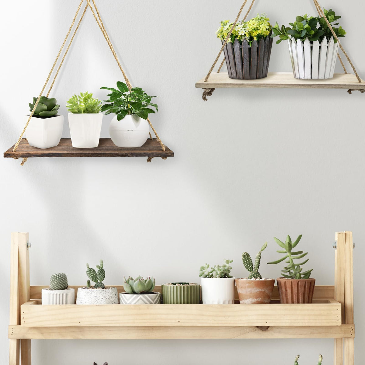 FuninCrea Hanging Shelves for Wall, 13.7×5.5 Inch Rustic Wood Floating Shelves with Swing Rope, Decorative Hanging Wall Shelf Photo Plant Display Shelf for Living Room Bedroom (Dark Brown)
