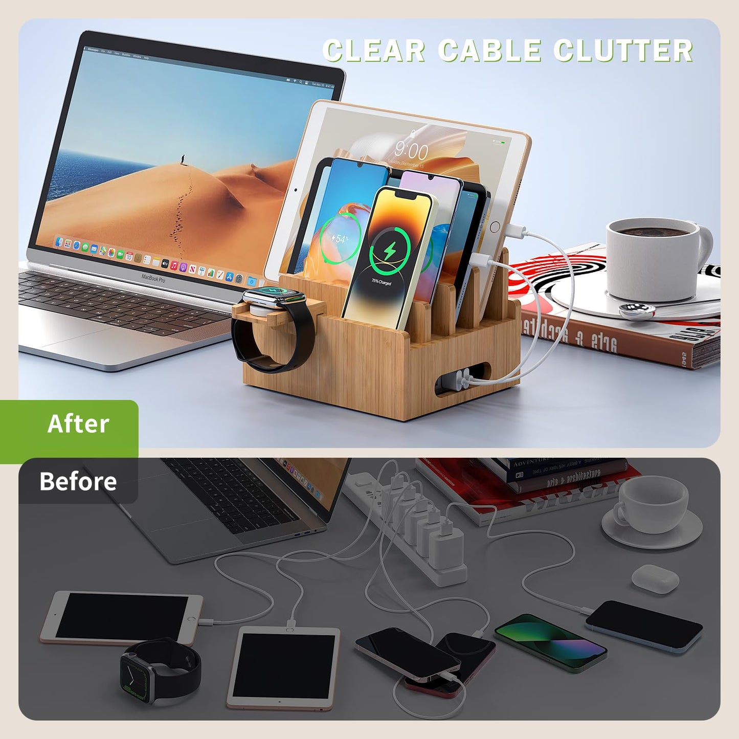 Pezin & Hulin Bamboo Charging Stations, Cell Phone Organizer for Multiple Devices, Tablets, Smart Watch, Included 5 Port USB Charger, Pack 5 Cables