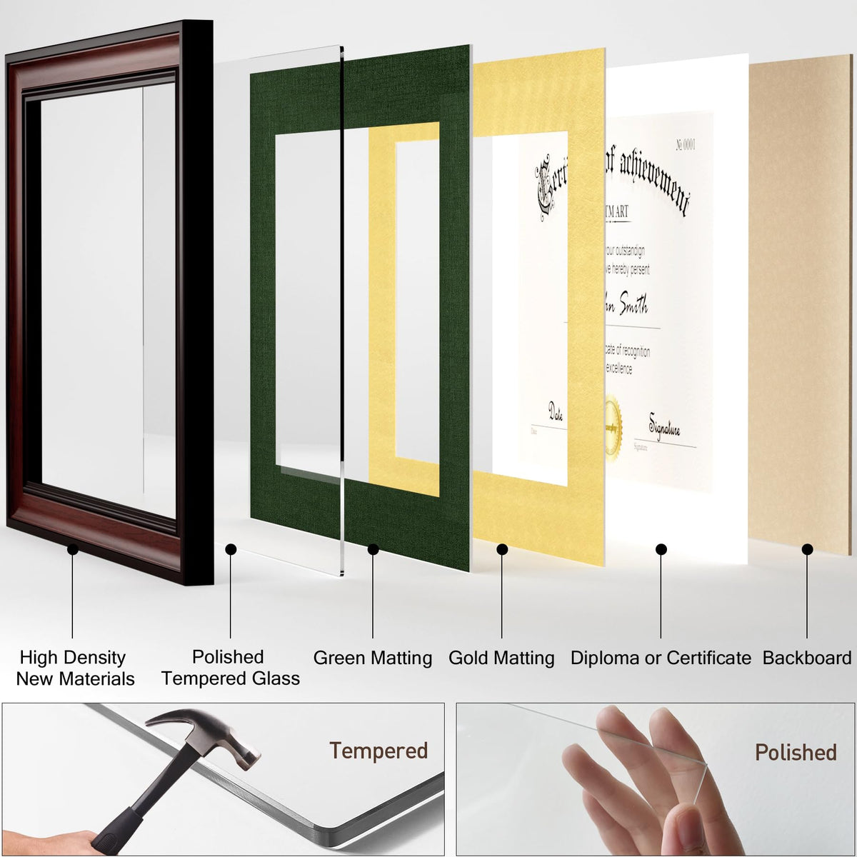 Yaetm 11x14 Diploma Frame, Certificate Frame with Tempered Glass, Display 8.5x11 Document with Dark Green Over Gold Acid-free Mat or 11 x 14 without Mat, Wide Molding (Single, Mahogany/Green)
