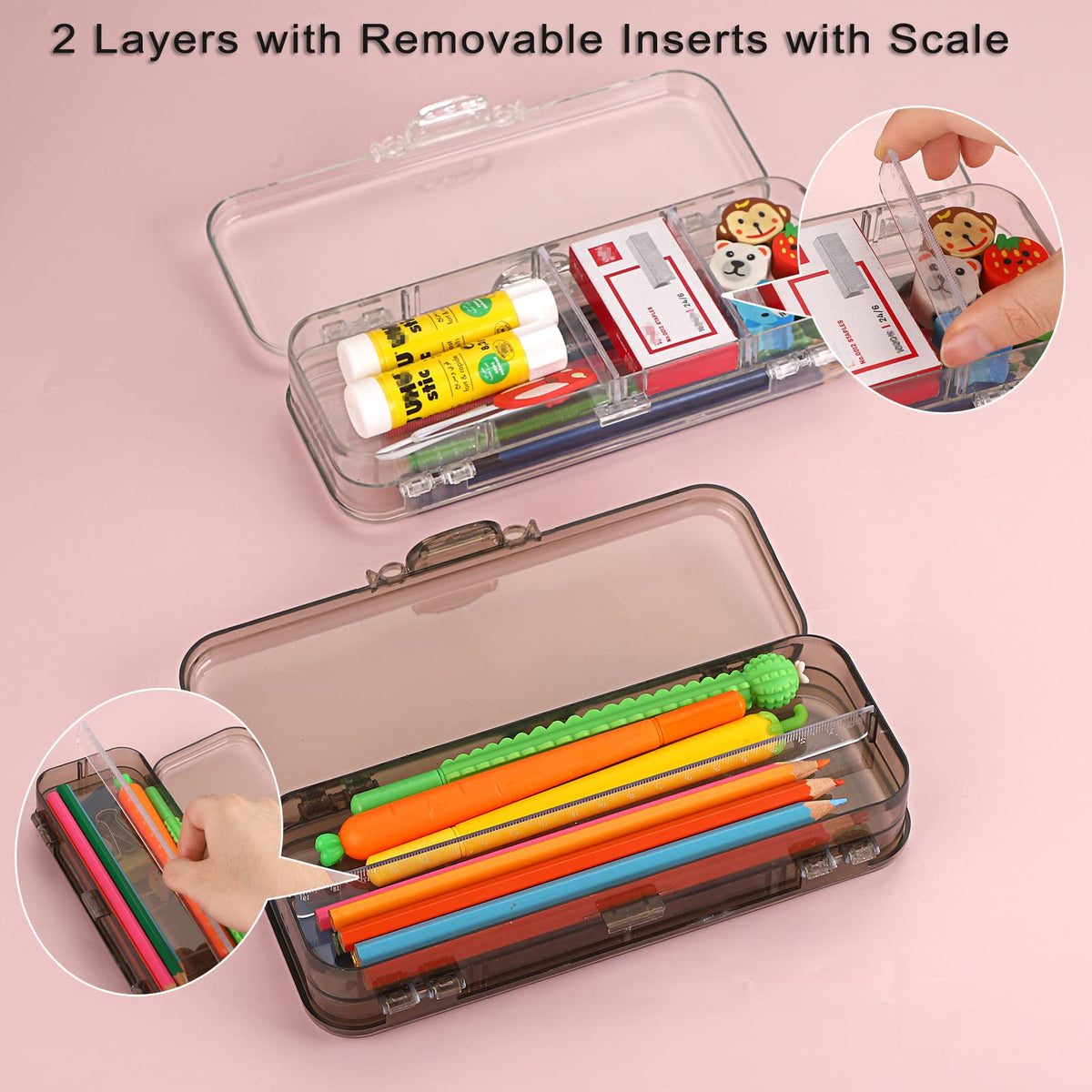 BTSKY Double Deck Pencils Box Clear Plastic Stationery Box with 4 Removable Ruler Dividing Spacers Multi-grid Home Utility Boxes with 6 Compartments for Pencils Erasers Clips (Clear)