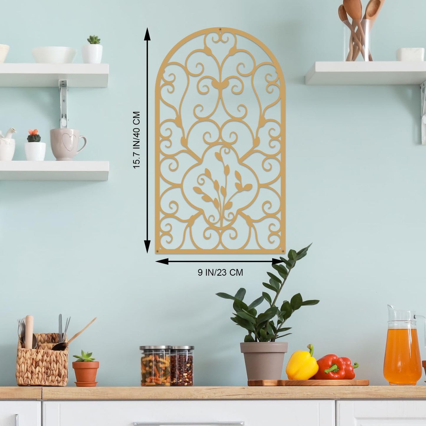 Resama 2 Pcs Scroll Home Wall Decor, Rustic Metal Wall Decor Window Arch Design Modern Farmhouse Wall Sculptures Hanging for Living Room Bedroom Hallway Kitchen (Gold, (15.7" X 9")