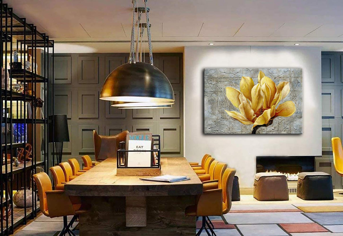 Urttiiyy Yellow Grey Flower Wall Art Abstract Gray Background Print on Canvas Home Decor Decal Pictures Poster for Bedroom Living Room Printed Painting Gifts Framed Ready to Hang - 36''x24''