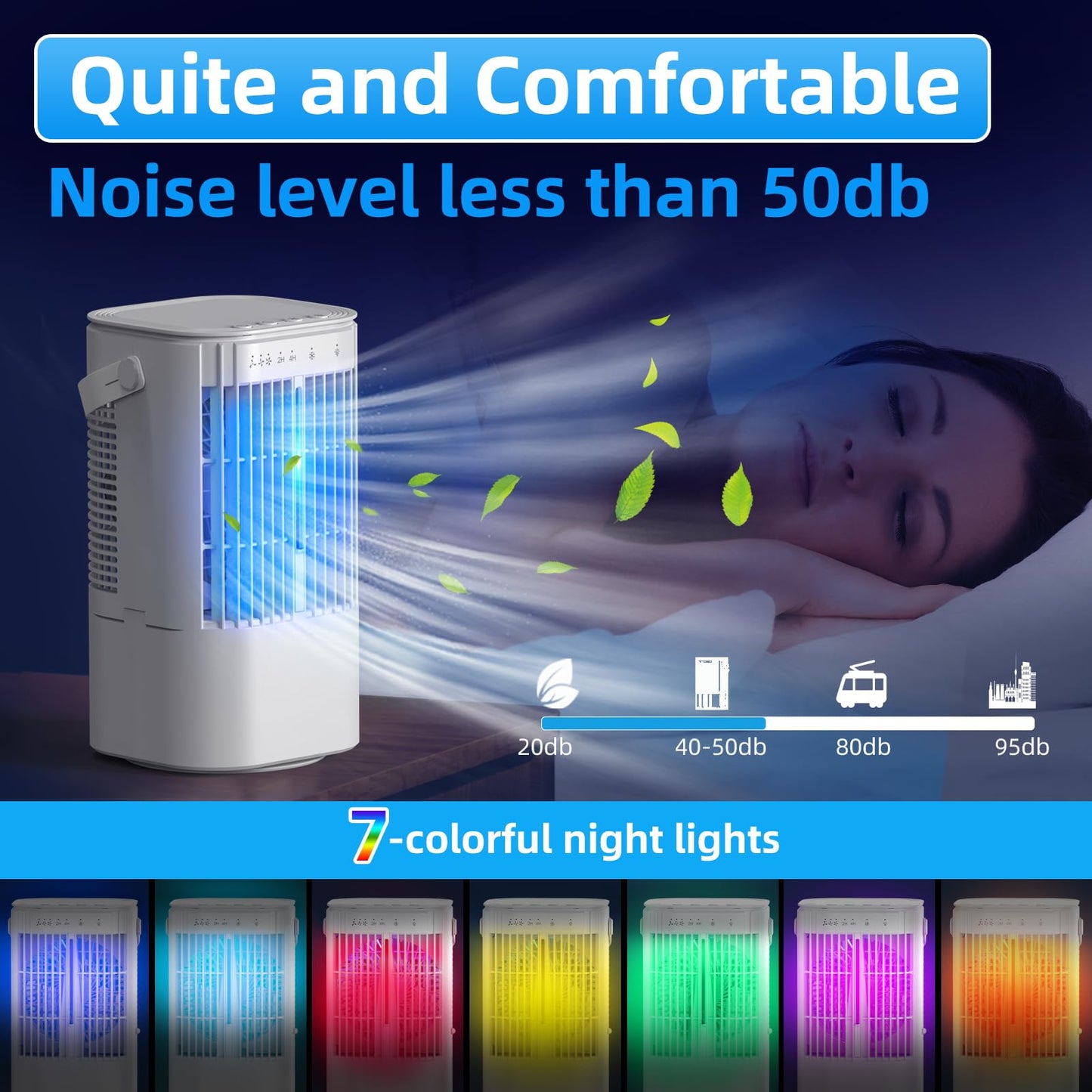 Portable Air Conditioners 4-in-1 Mini Small Air Conditioner Evaporative Air Cooler Fan with 1000ml Water Tank 3 Speeds 7 LED Lights Personal Mini AC with Timer for Bedroom Desktop Home Office (White)