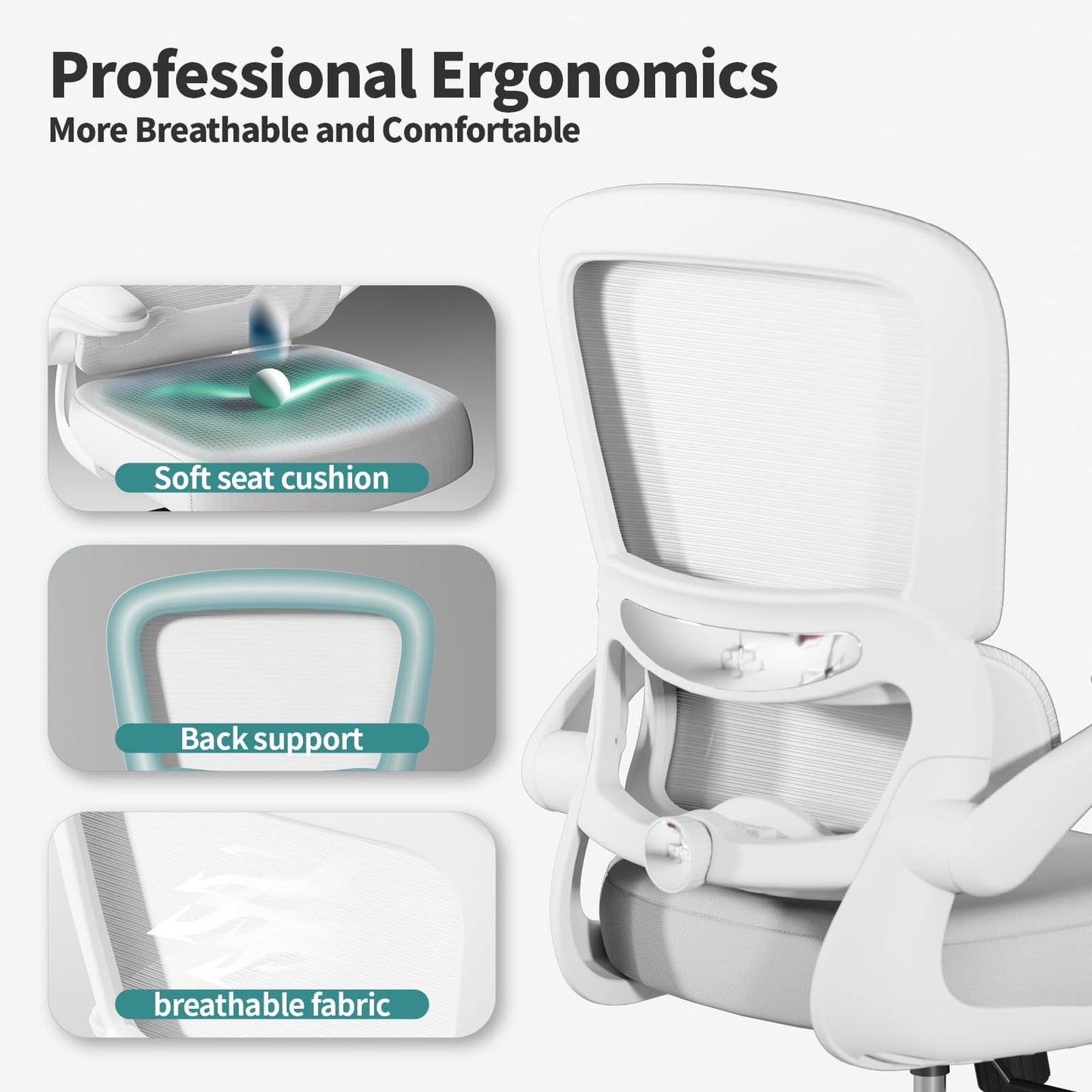 TRALT Office Chair - Ergonomic Desk Chair with Adjustable Lumbar Support, Mesh Computer Chair, Executive Chairs for Home Office Comfortable Lumbar Support (Cloud White)