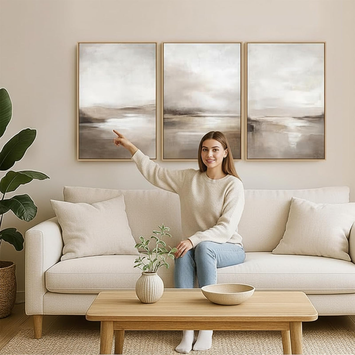 SAFERRYHOME Neutral Abstract Framed Wall Art - Minimalist Modern Nordic Calm Canvas Print Set, Landscape Shapes Earth Tone Illustrations Decor for Living Room, Bedroom - 3 Panels 16x24 Inch