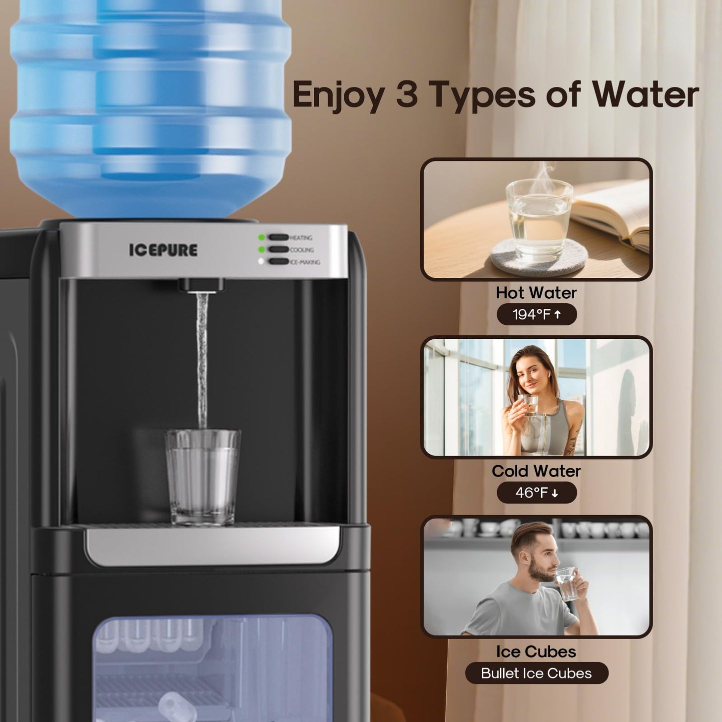 ICEPURE 3-in-1 Water Dispenser with Built-in Ice Maker, Water Cooler Dispenser for 5 Gallon Bottle Top Loading, Hot and Cold Water Dispenser with Child Lock for Home and Office, 33lbs/24H