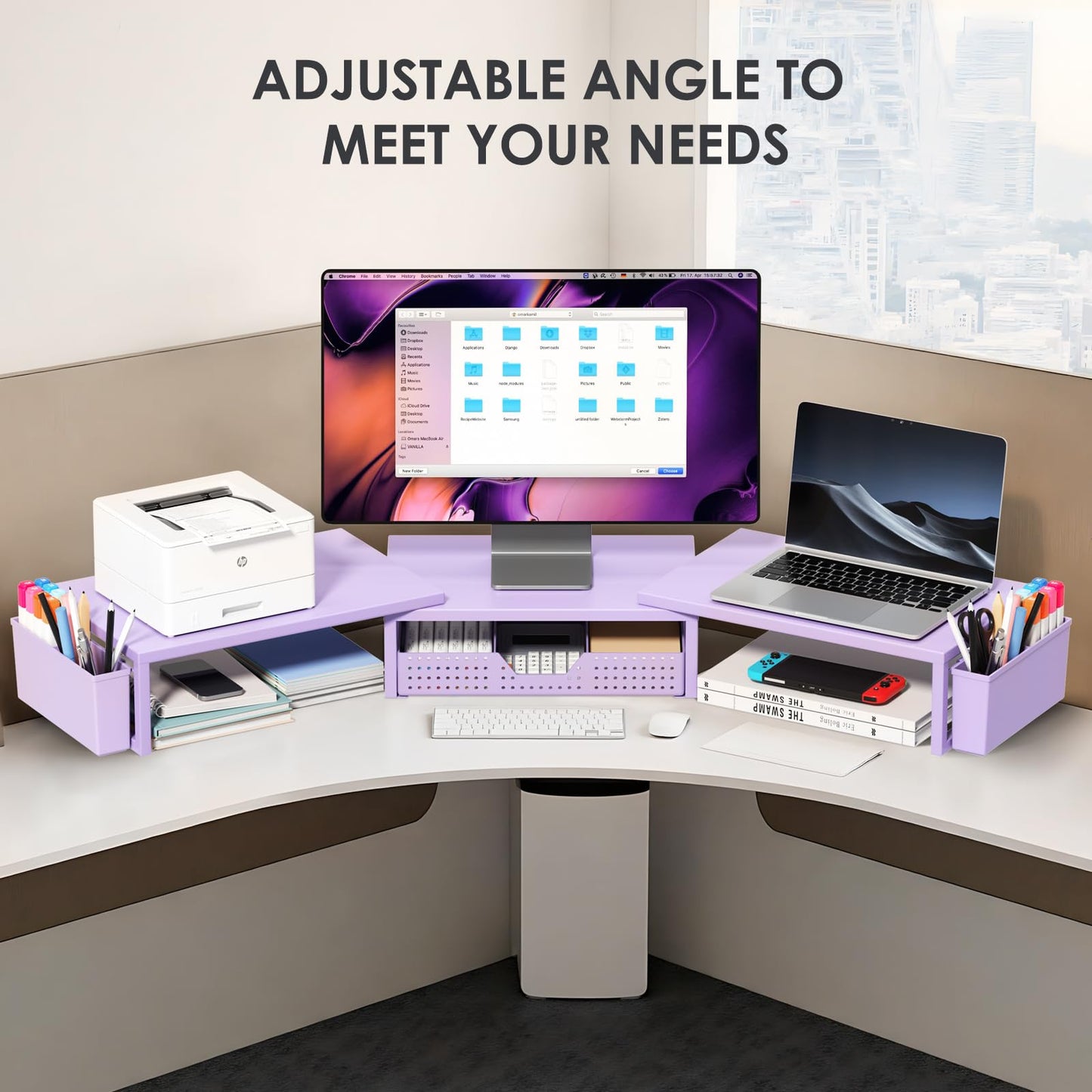 OPNICE Desk Organizers and Accessories, Dual Computer Monitor Stand Riser with Drawer and 2 Pen Holders, Office Desk Accessories, Workspace Desktop Organization for Office Supplies (Purple Metal )