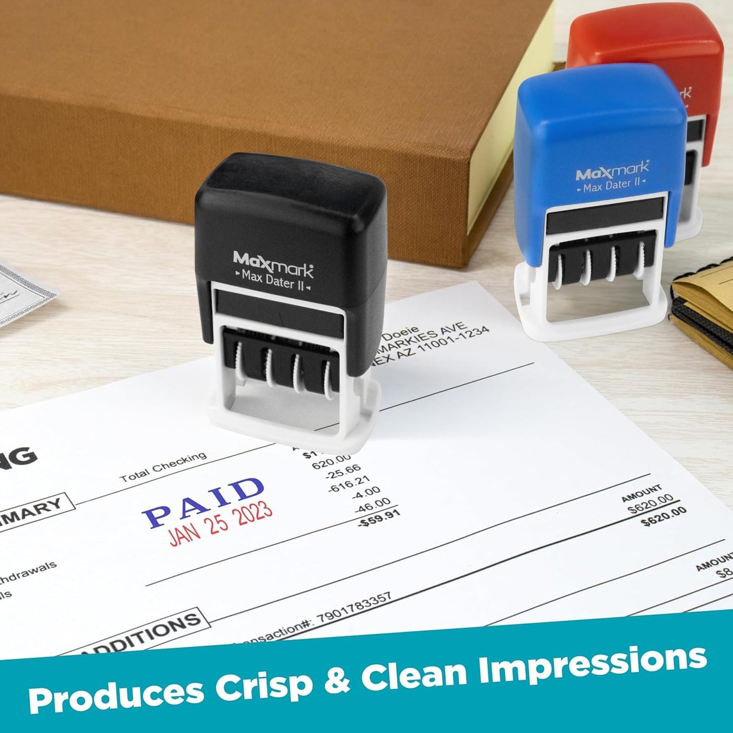 MaxMark Self-Inking Rubber Date Office Stamp with DEPOSITED Phrase & Date - Black Ink (Max Dater II), 12-Year Band