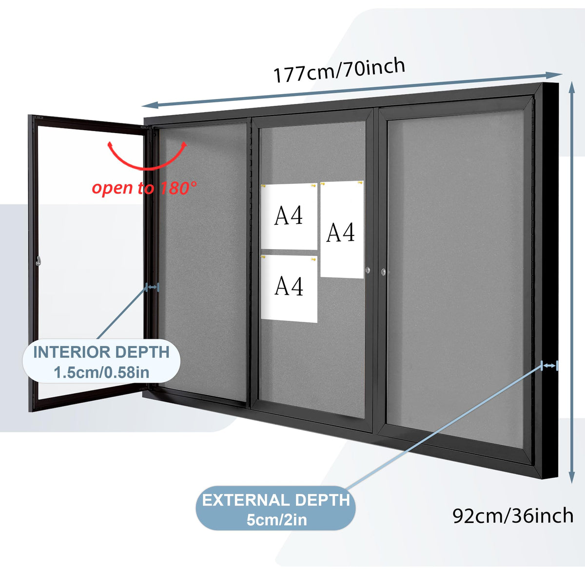 EVERSUPPLY Enclosed Bulletin Board Outdoor Noticeboard with Locking Door, Weather-Resistant, Grey Felt, Black Aluminum Frame, 70 x 36 in