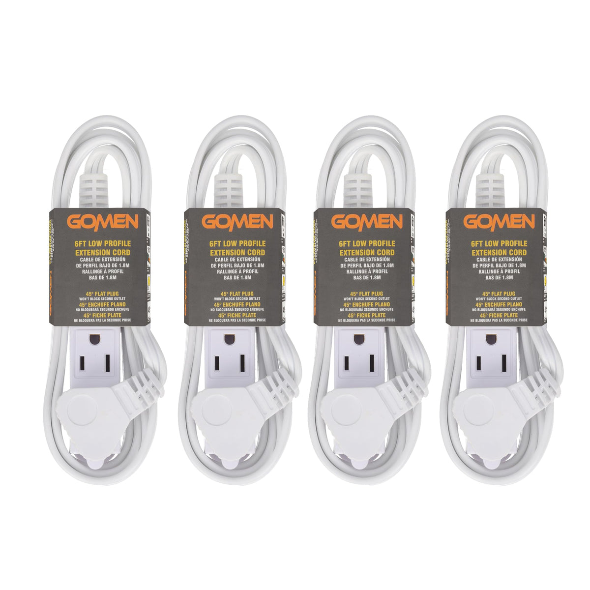 GOMEN 6 Feet Indoor Extension Cord with 3 Outlets, AWG 16/3 Angled Flat Plug Power Strip, 3 Prong Grounded, 13 Amps - 1625 Watts - 125 VAC, White, 4 Pack