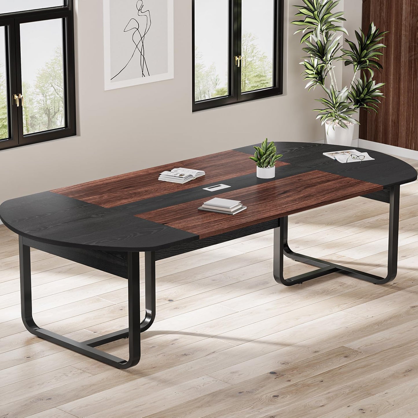 8FT Conference Table, 94.5" D x 47.3" W x 29.5" H Oval Meeting Table with Rectangle Grommet, Modern Seminar Boardroom Table for Office Conference Room (8ft, Walnut & Black)