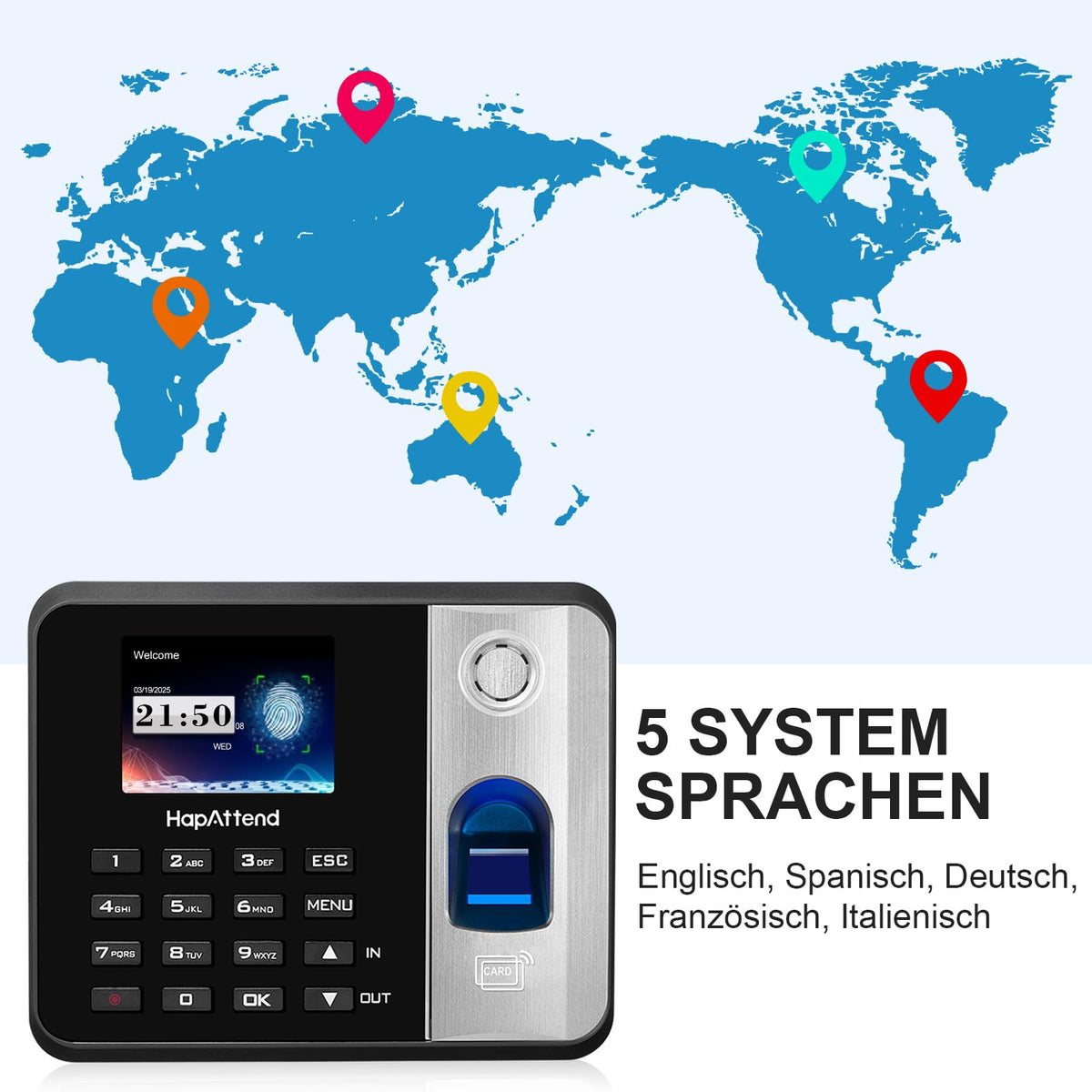 HapAttend Time Clock - Fingerprint Time Clocks for Employees Small Business Automatic Calculate Hours, No WiFi H1 Standalone Biometric Clock in Machine for Employees with 5 RFID Cards (0 Monthly Fees)