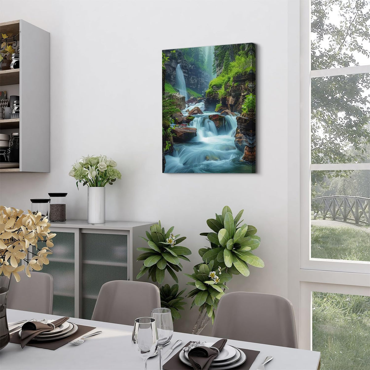 Waterfall Canvas Wall Art Nature Forest Pictures Zen Wall Decor Bathroom Decor Virginia Falls Landscape Poster Prints Tropical Mountain Scenery Painting Artwork Spa Living Room Home Decorations 12x16”