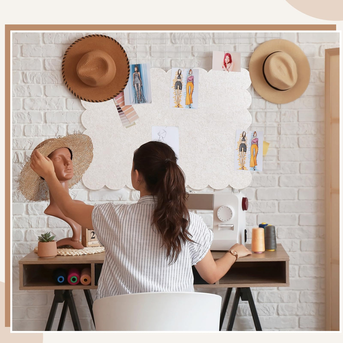 Mooliwe Scalloped Felt Bulletin Board 24 x 18 Inches Foldable Camel Pin Cork Board Alternative for Wall, 2' x 1.5' Trifold Picture Vision Self Adhesive Bulletin Decorative