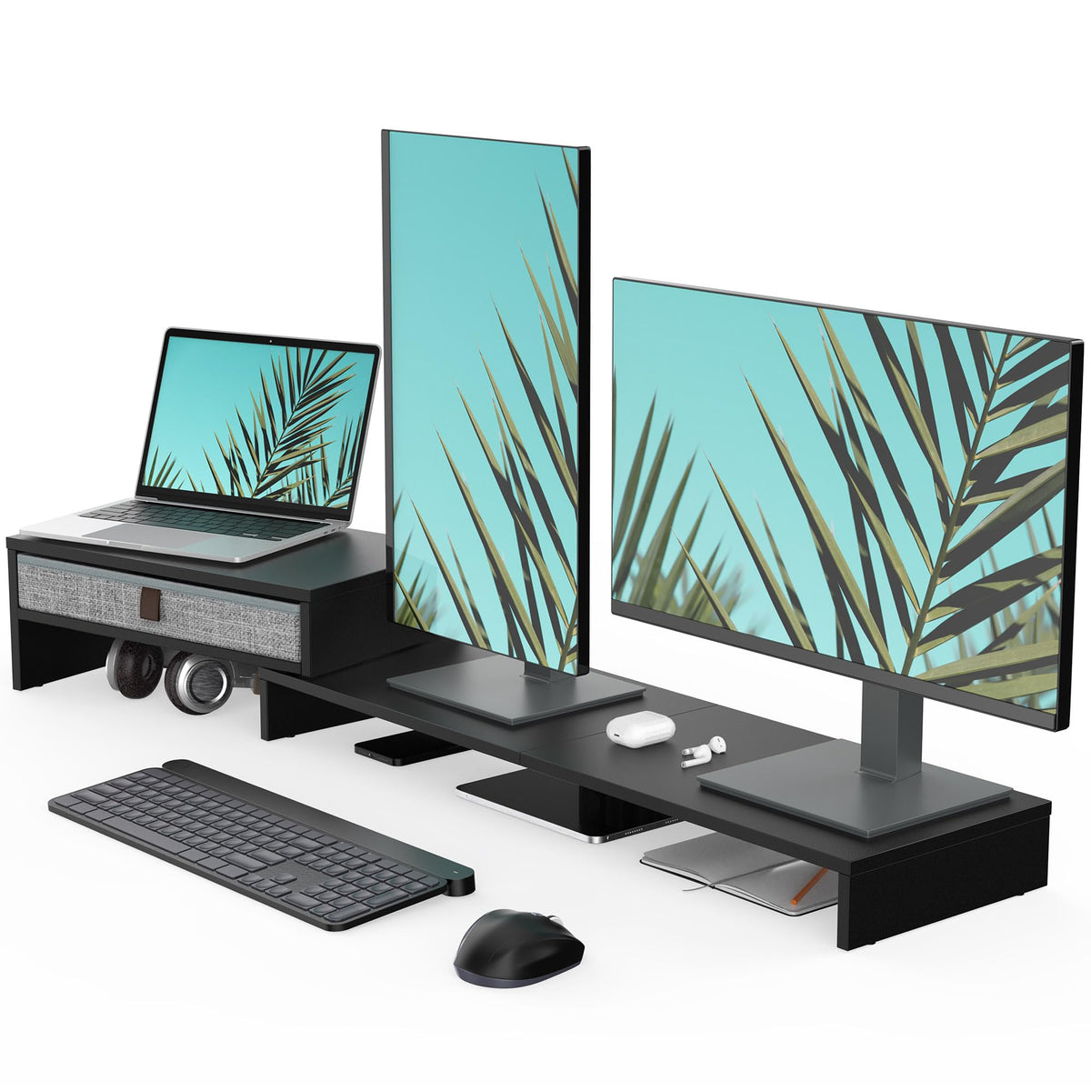 Fenge Computer Monitor Riser Stand with Drawer for 2 or 3 Monitors ,Adjustable Length and Angle Desktop Laptop Stand,Office Organizer,Printer,Black