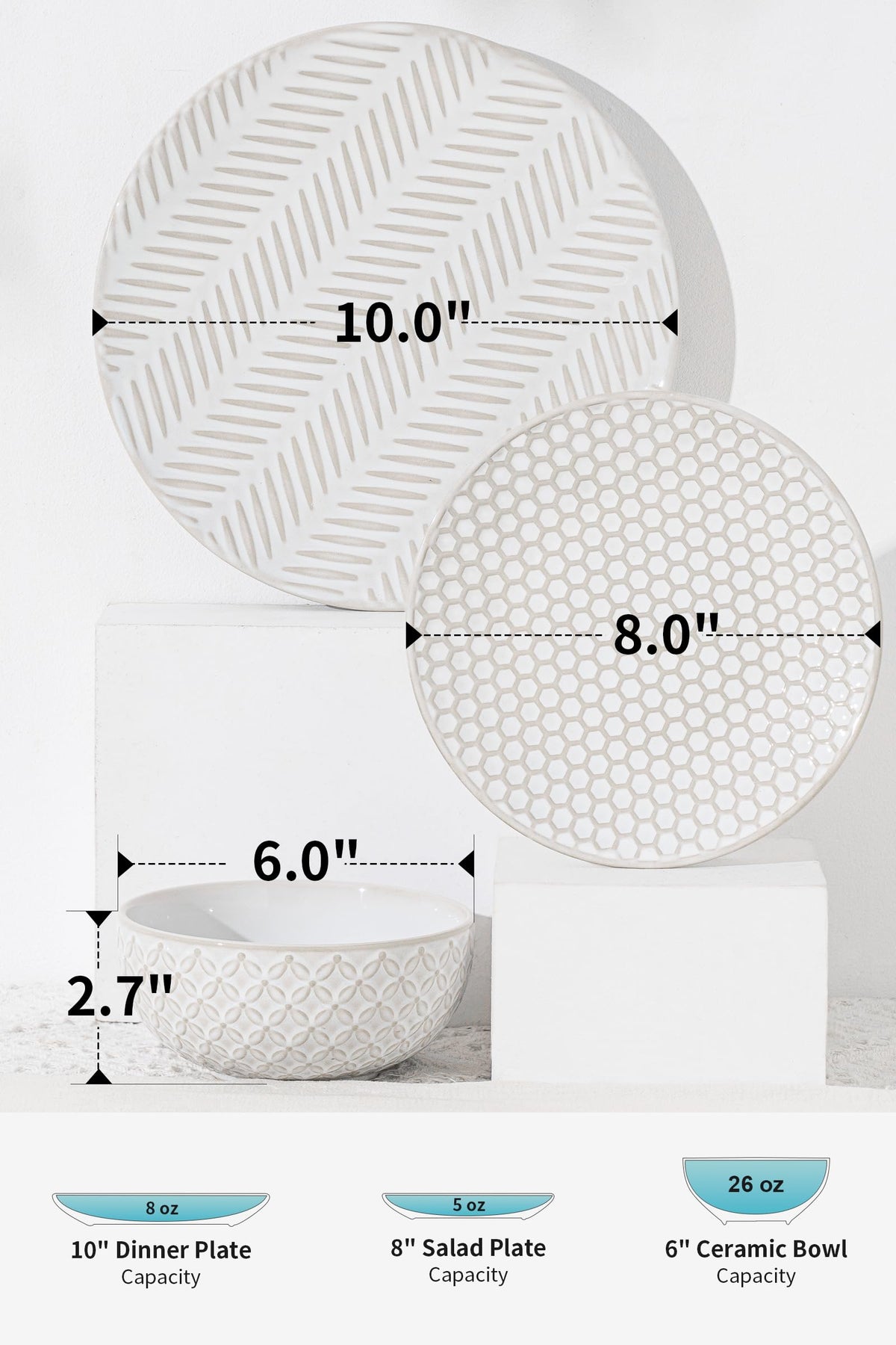 FOBENTA 12 Piece Embossed Dinnerware Sets for 4, Elegant Plates and Bowls Sets, Microwave & Dishwasher Safe, Stoneware for Stylish Home Dining–Perfect Housewarming Gift for Busy Families & Hostesses