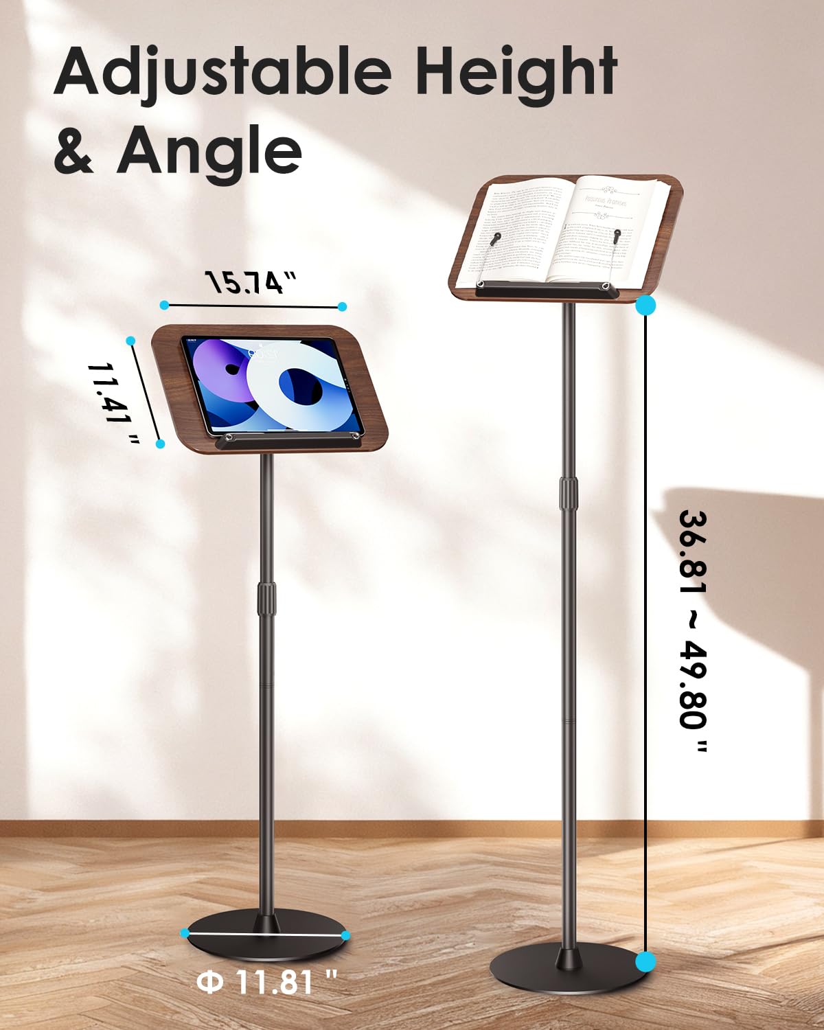 Viozon Floor Book Stand, Height Adjustable Reading Stand, Multi-Purpose Book Holder/Laptop Stand/Music Sheet Stand, 180° Tilt Desktop, Heavy-Duty Base, Two-Stage Page Clips for Thick Books