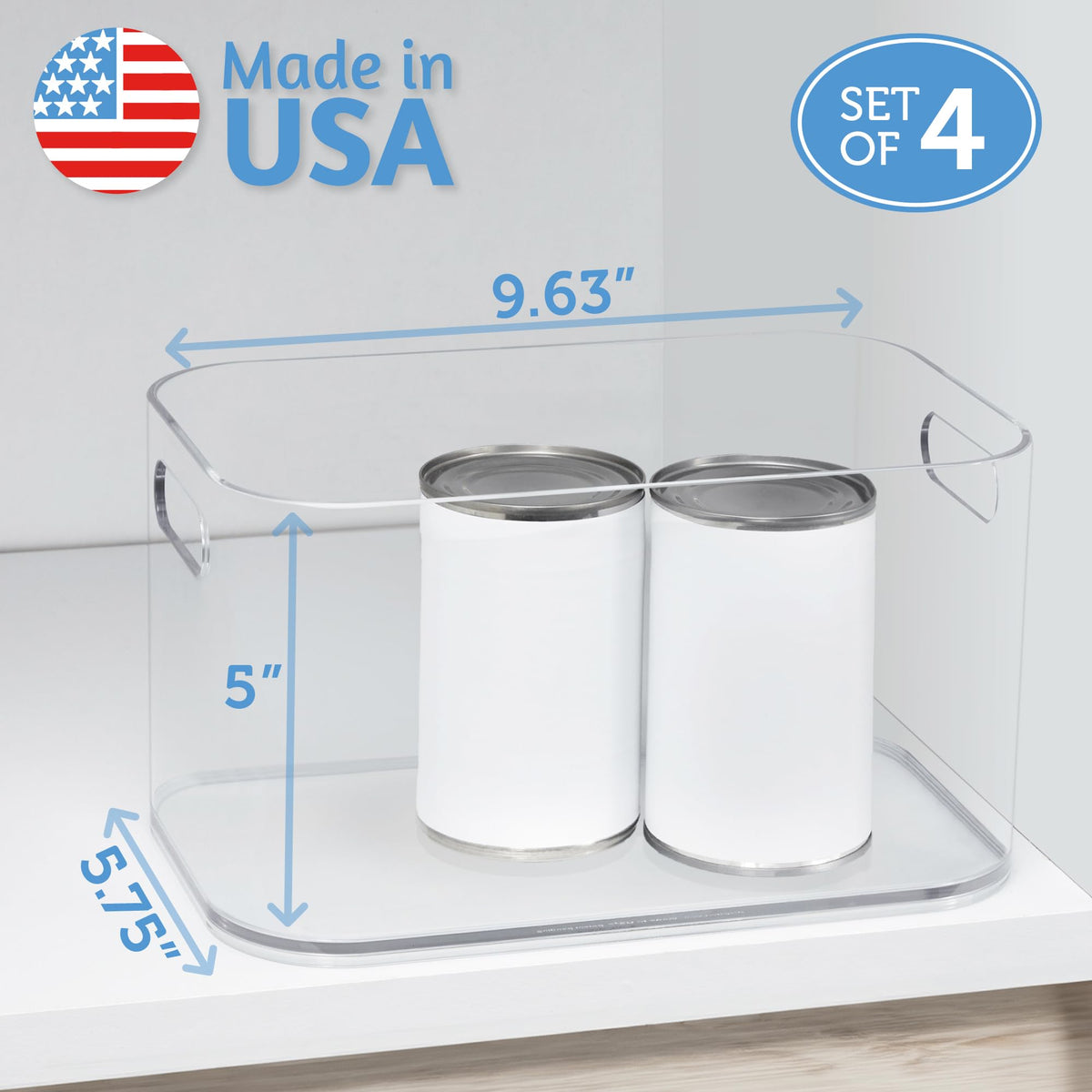 STORi Bliss 10" x 6" Open Clear Pantry Organizer Bin, Set of 4, Plastic Containers with Handle for Kitchen, Fridge, Cabinet, Closet, Bathroom, Undersink Storage Made in USA