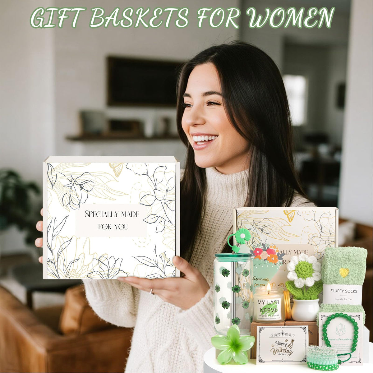 Birthday Gifts for Women, Teen Girls, Her, Unique Happy Birthday Gift Baskets for Best Friend Sister Daughter, Women Mother Gifts Box for Girls Wife Girlfriends, 14pcs Cute Daisy Gift Set(Green)